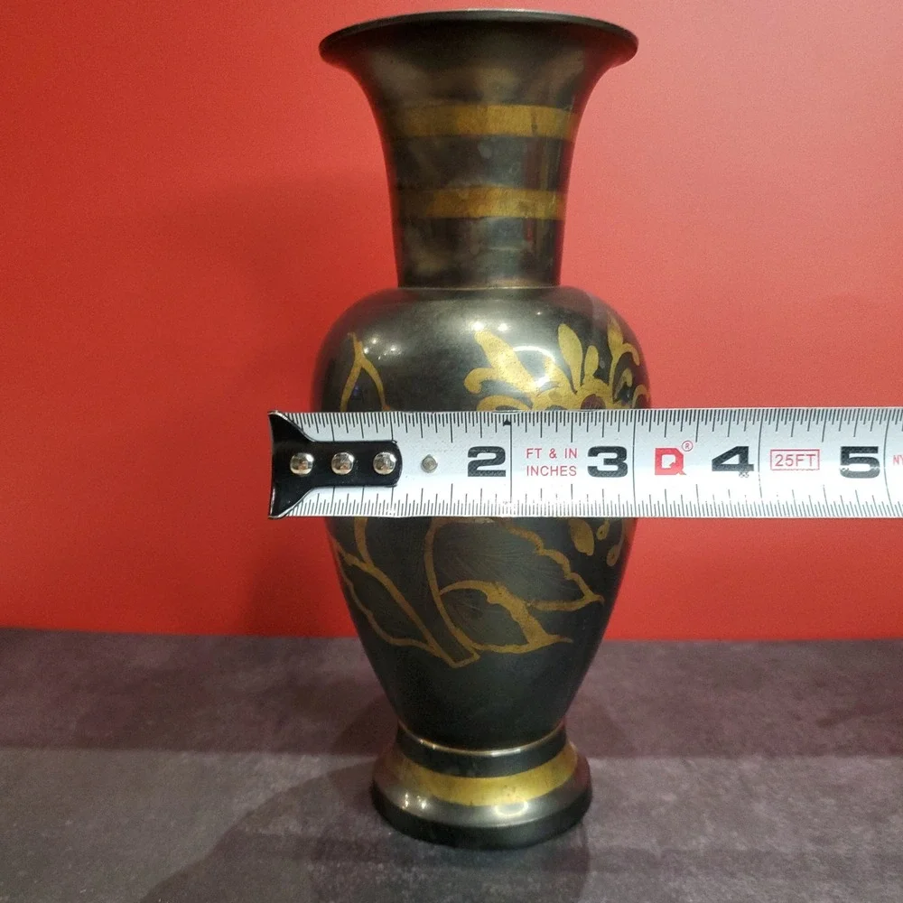 Vintage Hand-Etched‎ Black & Gold Brass Vase Made in India Mid-Century Decor